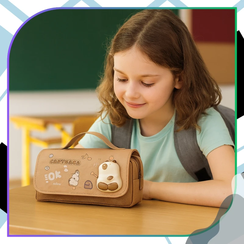 Piórnik szkolny trzykomorowy saszetka Kapibara 3D pojemny duży 7.webp