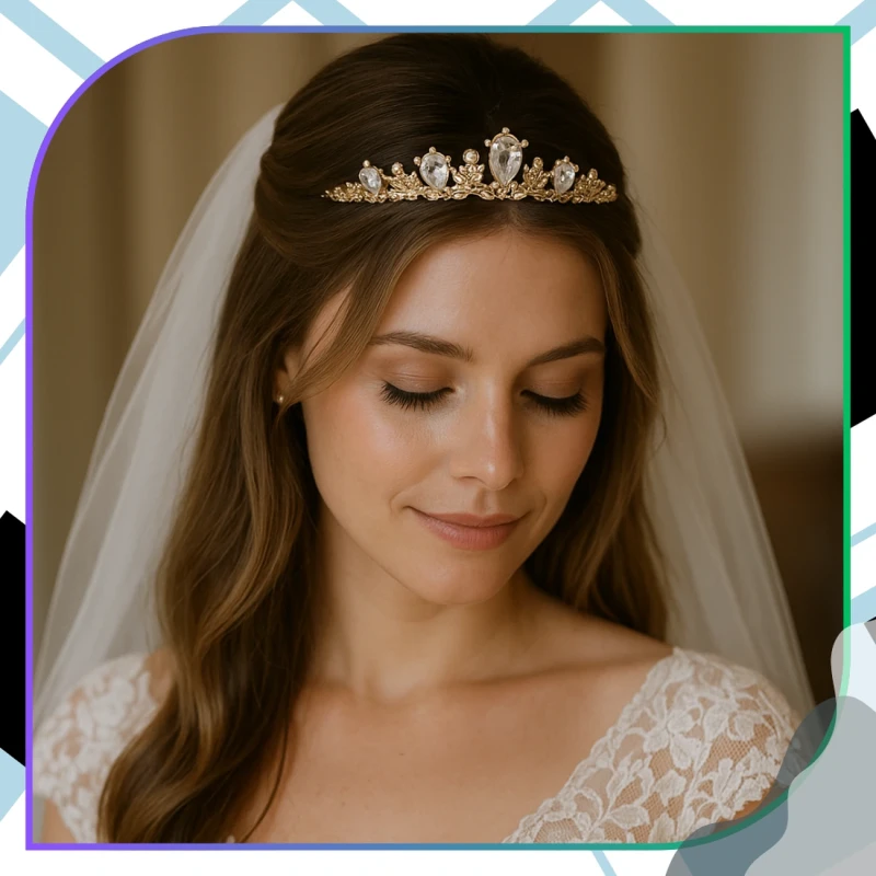 Diadem korona złota z cyrkoniami na ślub tiara 1.webp