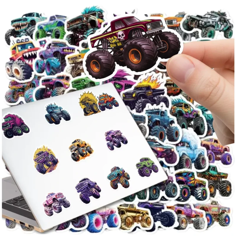 Naklejki kolorowe monster truck mix 50szt dekoracja DIY dla dzieci 6.webp