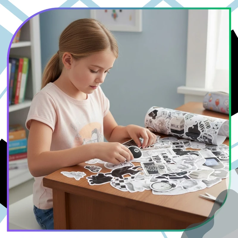 Naklejki czarno białe aesthetic VSCO zestaw 61szt dla dzieci DIY dekoracja 8.webp