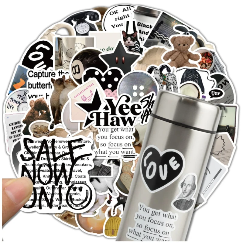 Naklejki czarno białe aesthetic zestaw 60szt dla dzieci DIY dekoracja 3.webp