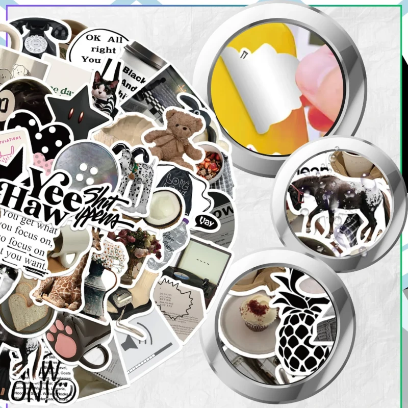 Naklejki czarno białe aesthetic zestaw 60szt dla dzieci DIY dekoracja 4.webp