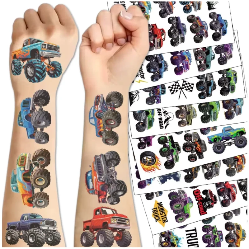Tatuaże tymczasowe monster truck kolorowe dla dzieci zestaw 10 arkuszy 2.webp