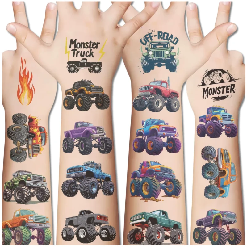 Tatuaże tymczasowe monster truck kolorowe dla dzieci zestaw 10 arkuszy 1.webp