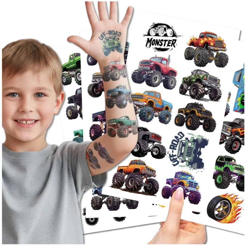 Tatuaże tymczasowe monster truck kolorowe dla dzieci zestaw 10 arkuszy 3.webp