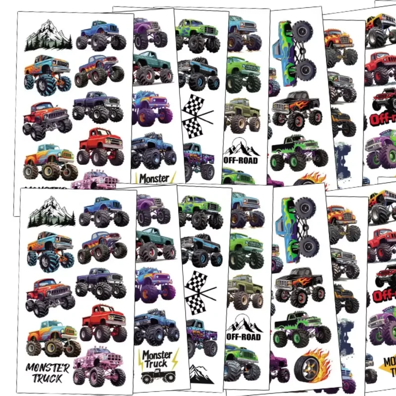 Tatuaże tymczasowe monster truck kolorowe dla dzieci zestaw 10 arkuszy 4.webp