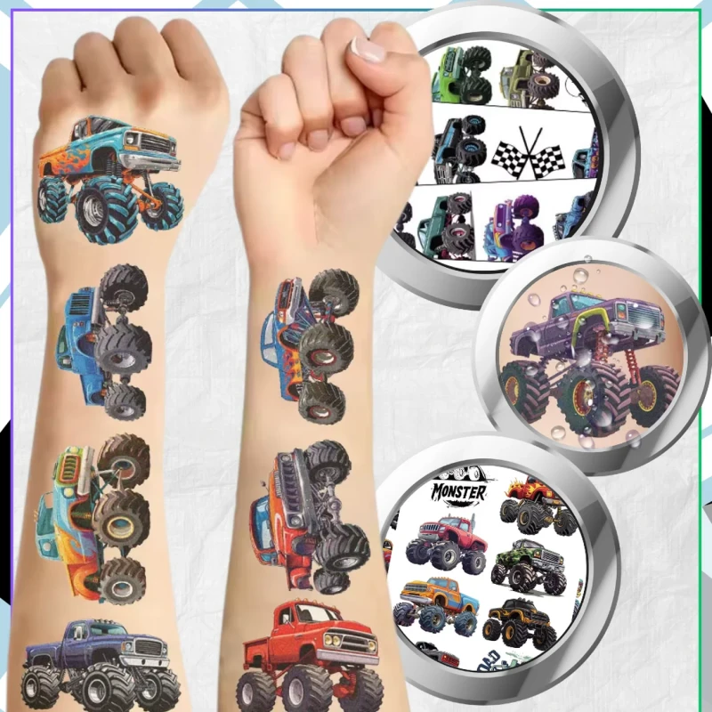 Tatuaże tymczasowe monster truck kolorowe dla dzieci zestaw 10 arkuszy 5.webp