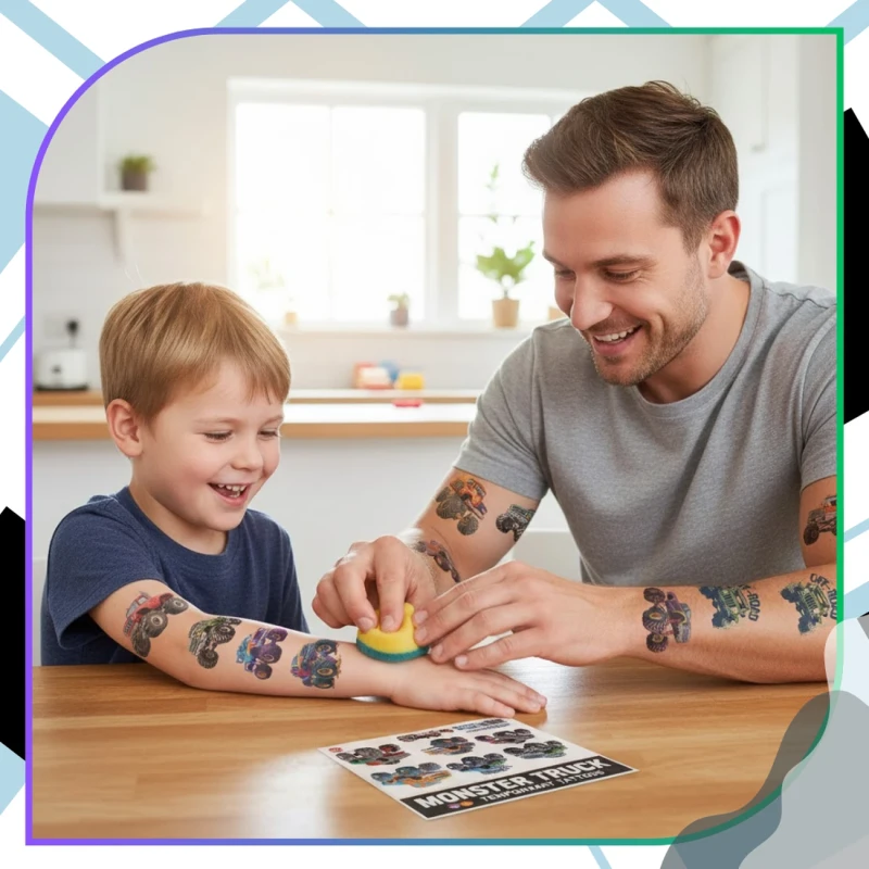 Tatuaże tymczasowe monster truck kolorowe dla dzieci zestaw 10 arkuszy 6.webp