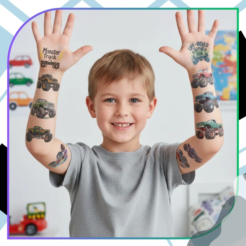 Tatuaże tymczasowe monster truck kolorowe dla dzieci zestaw 10 arkuszy 7.webp