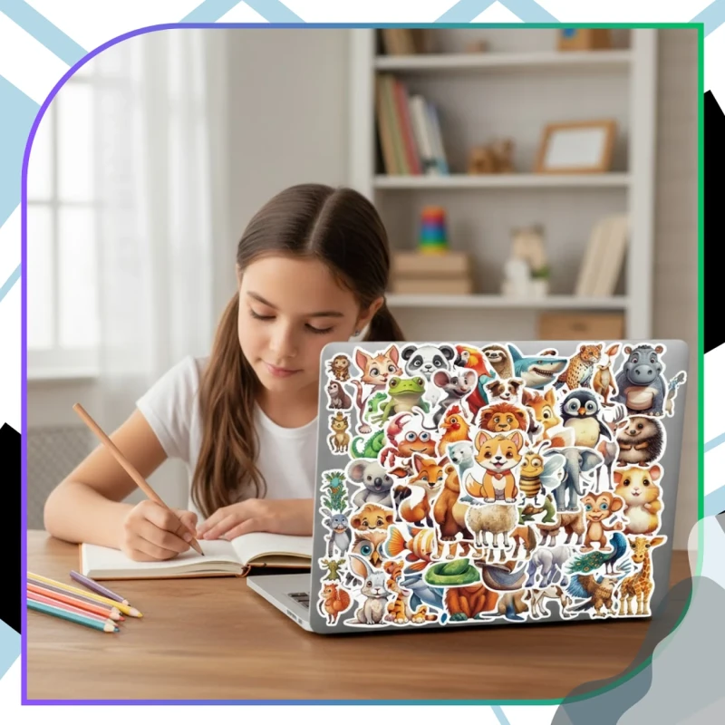 Naklejki zwierzątka zestaw 50szt kolorowe dla dzieci DIY dekoracja 8.webp