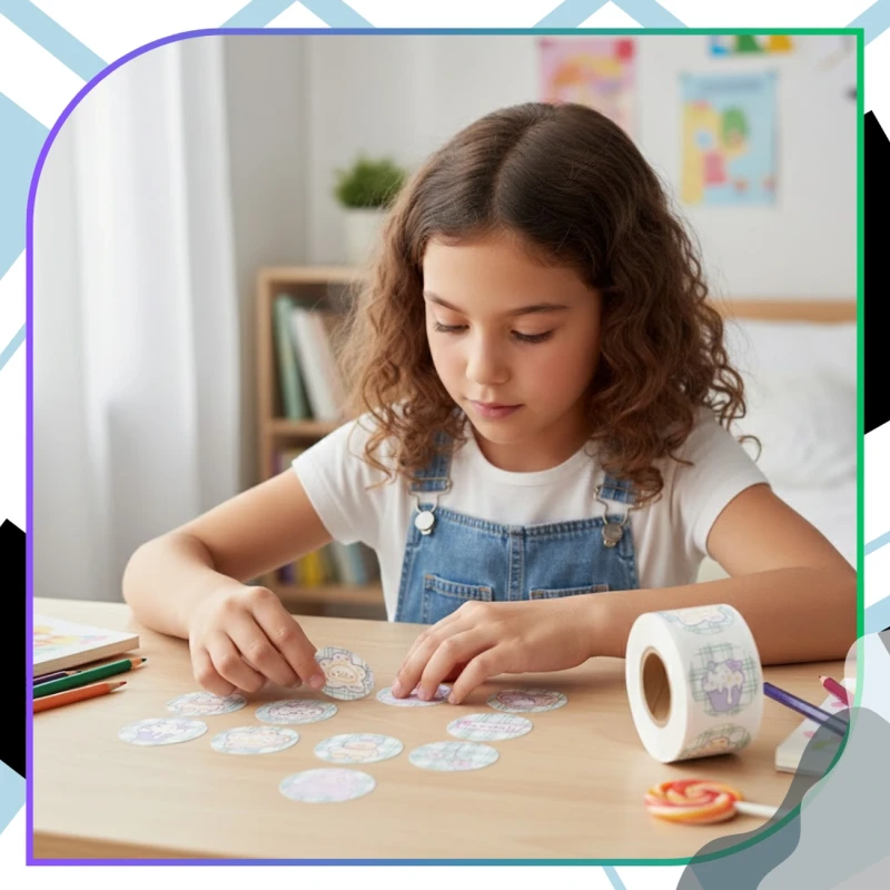 Naklejki kawaii okrągłe na rolce dla dzieci zestaw 500szt kolorowe DIY dekoracja 6.webp