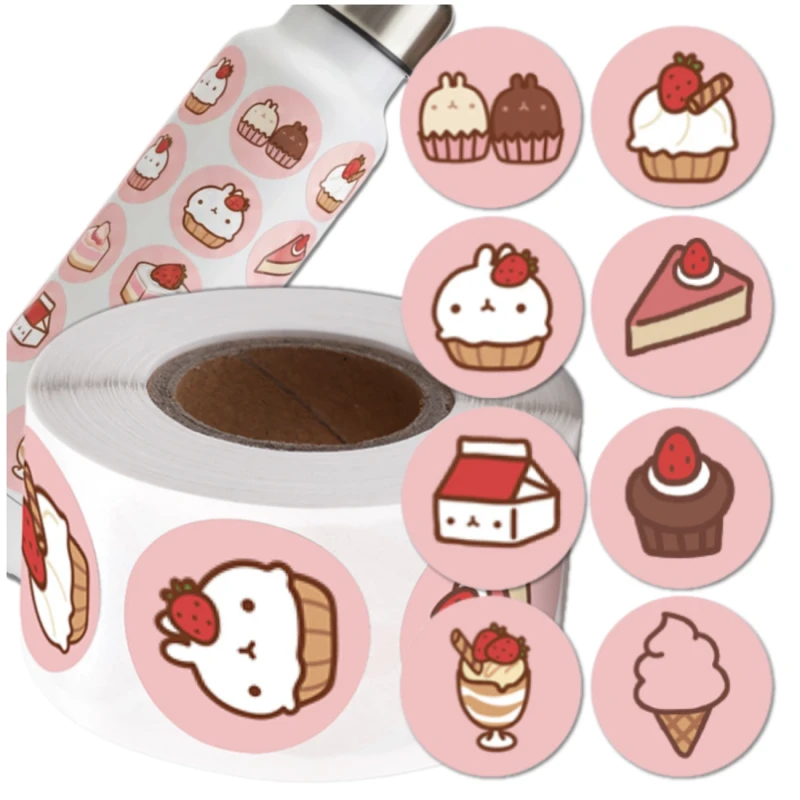 Naklejki ciastka kawaii okrągłe na rolce dla dzieci zestaw 500szt kolorowe DIY dekoracja 3.webp