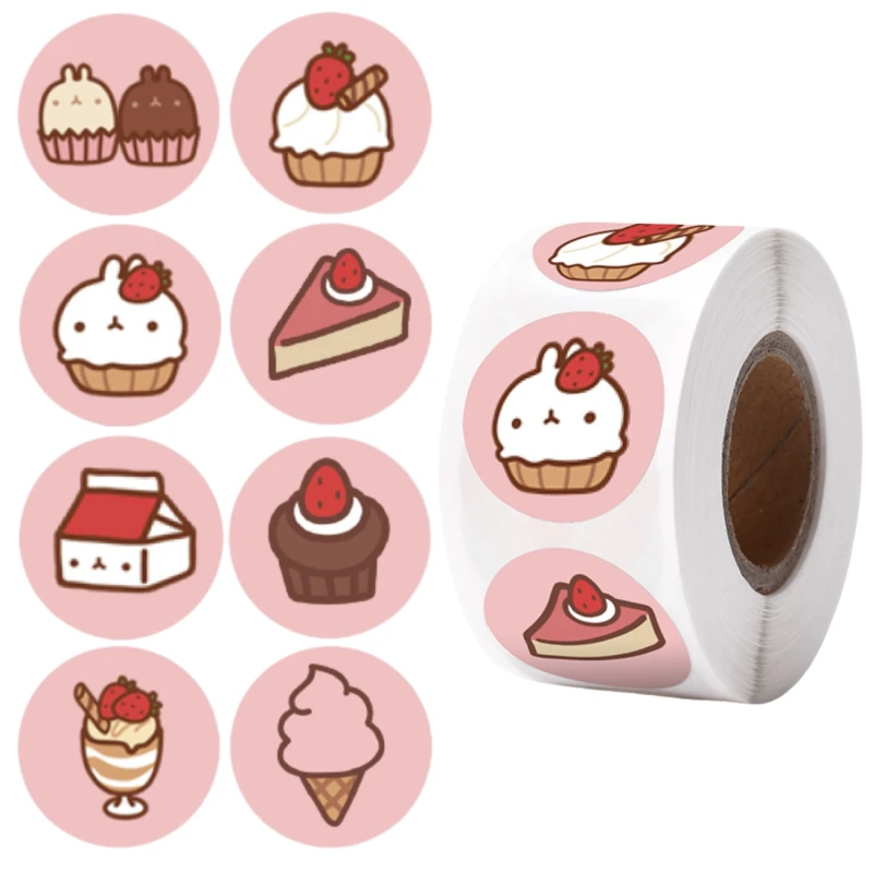 Naklejki ciastka kawaii okrągłe na rolce dla dzieci zestaw 500szt kolorowe DIY dekoracja 4.webp
