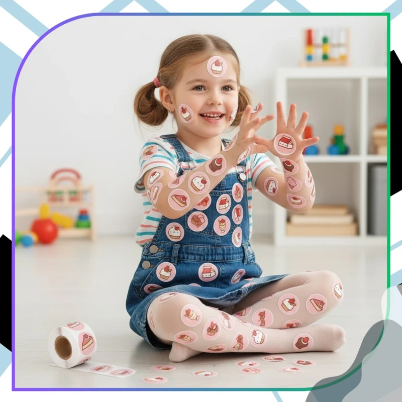 Naklejki ciastka kawaii okrągłe na rolce dla dzieci zestaw 500szt kolorowe DIY dekoracja 8.webp