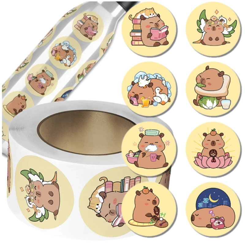 Naklejki kapibara kawaii okrągłe na rolce dla dzieci zestaw 500szt kolorowe DIY dekoracja 3.webp