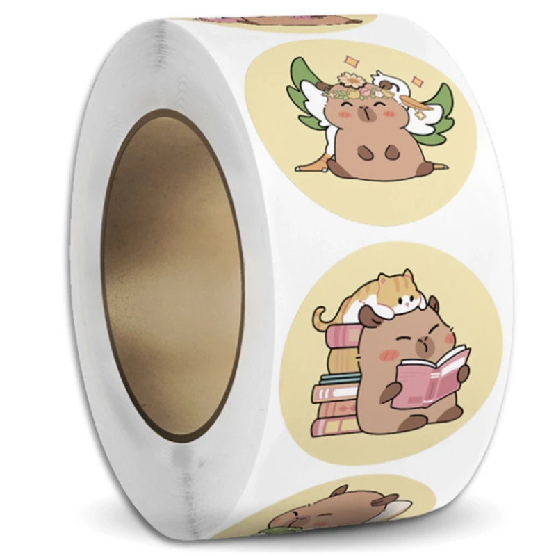 Naklejki kapibara kawaii okrągłe na rolce dla dzieci zestaw 500szt kolorowe DIY dekoracja 1.webp