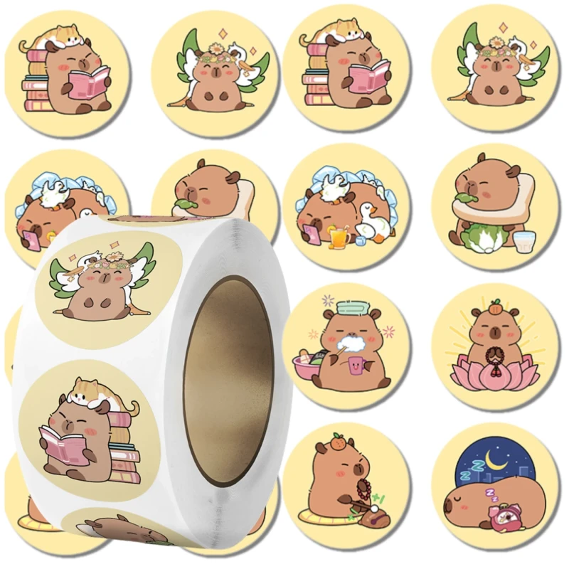 Naklejki kapibara kawaii okrągłe na rolce dla dzieci zestaw 500szt kolorowe DIY dekoracja 2.webp