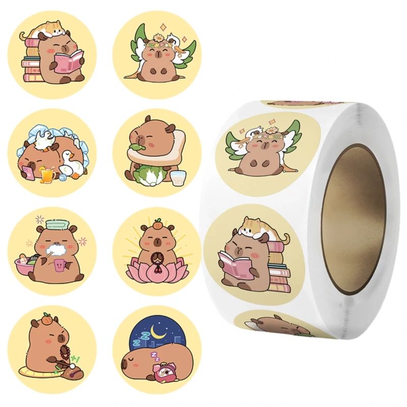 Naklejki kapibara kawaii okrągłe na rolce dla dzieci zestaw 500szt kolorowe DIY dekoracja 4.webp