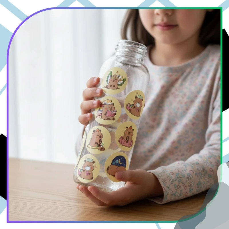 Naklejki kapibara kawaii okrągłe na rolce dla dzieci zestaw 500szt kolorowe DIY dekoracja 6.webp