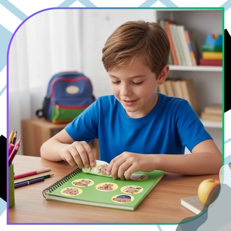 Naklejki kapibara kawaii okrągłe na rolce dla dzieci zestaw 500szt kolorowe DIY dekoracja 8.webp