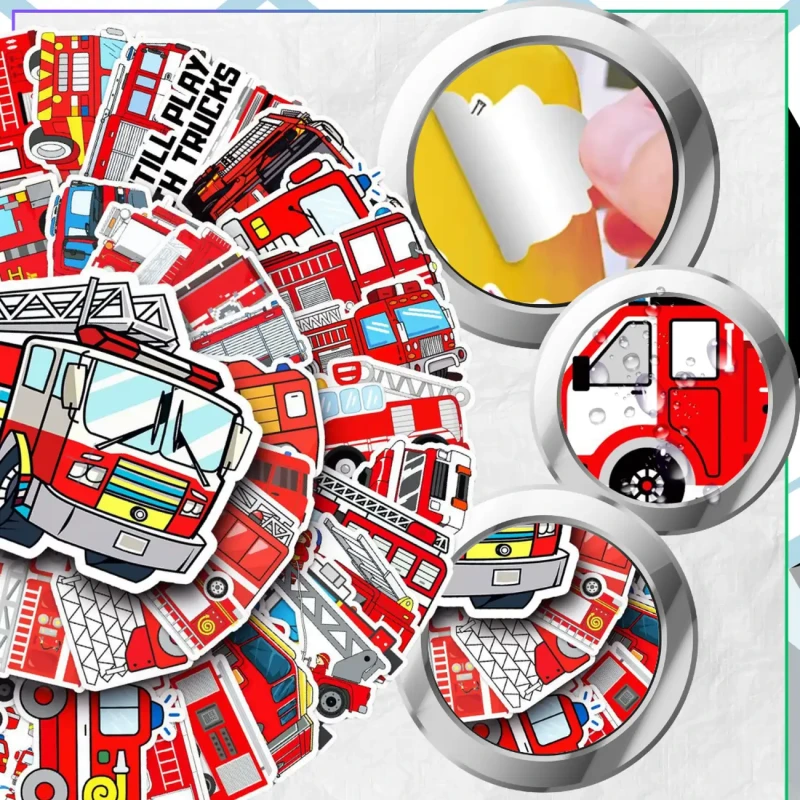 Naklejki wozy strażackie zestaw 50szt kolorowe dla dzieci DIY dekoracja 4.webp
