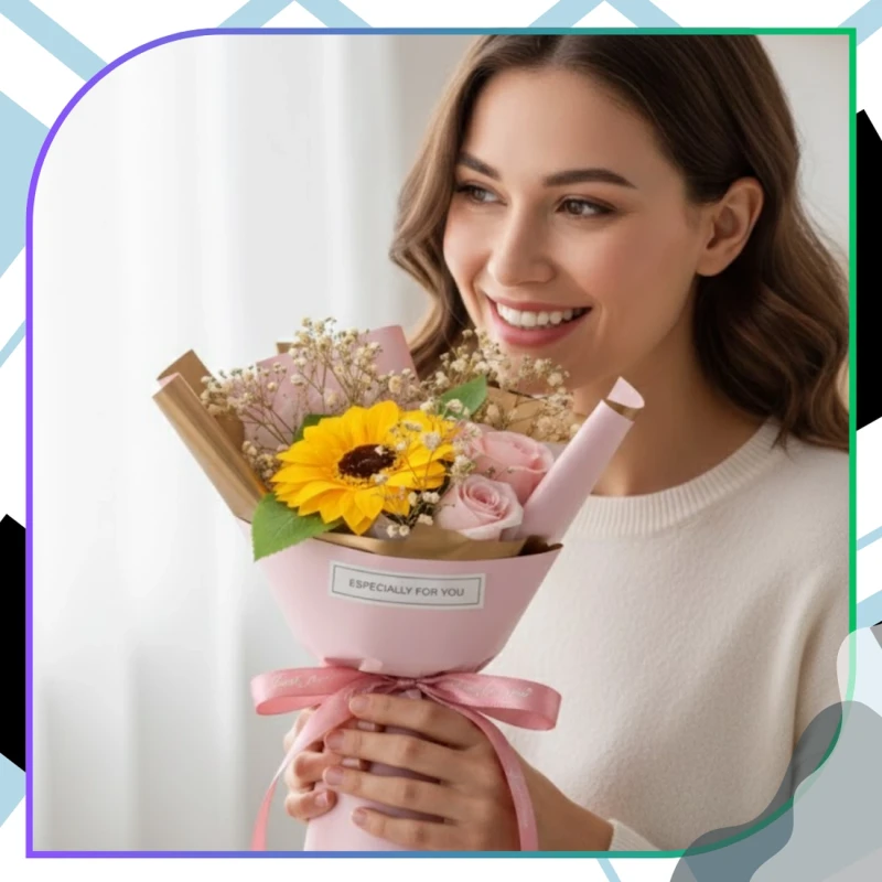 Bukiet kwiatów słonecznik mydlana różowa róża elegancki prezent 7.webp