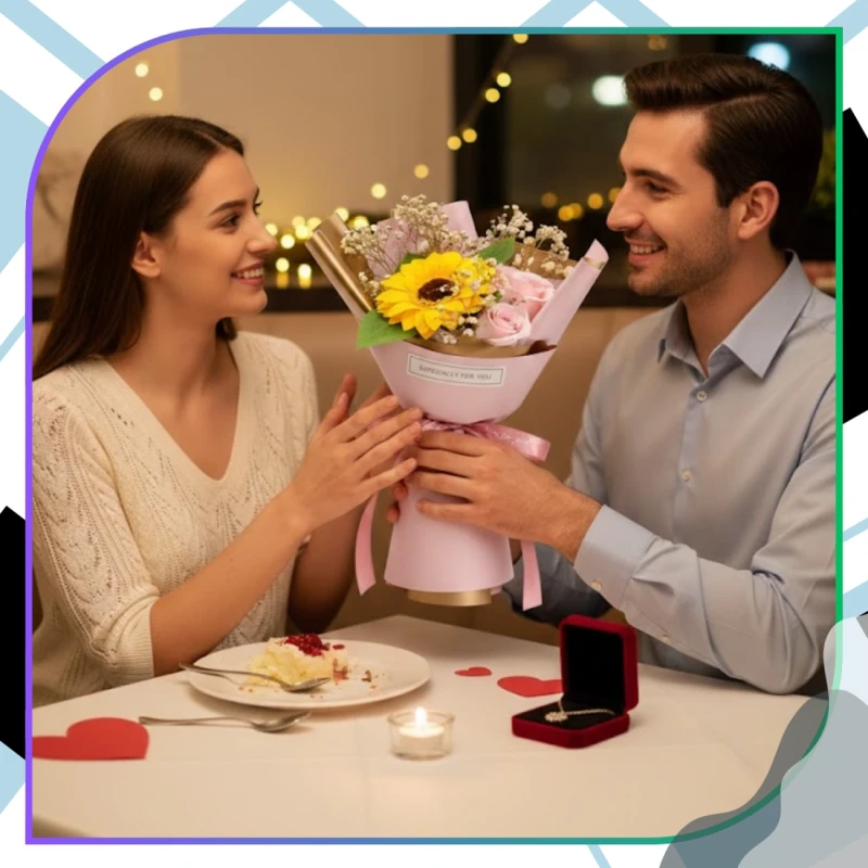 Bukiet kwiatów słonecznik mydlana różowa róża elegancki prezent 8.webp