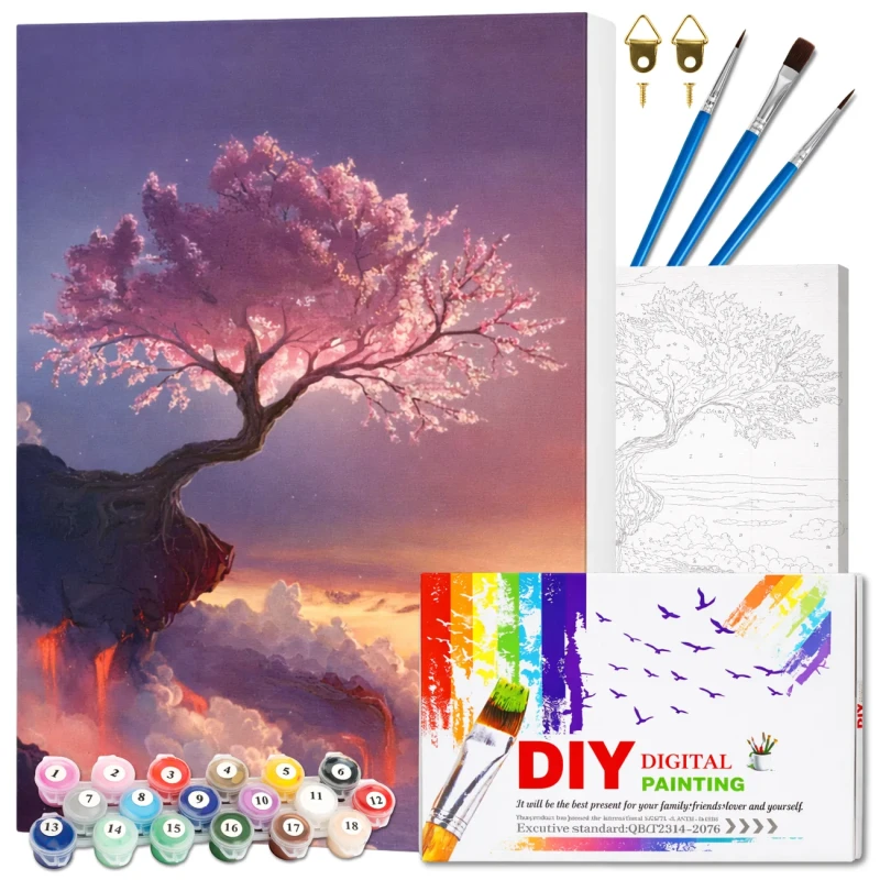 Zestaw do malowania po numerach 40 x 50cm obraz na płótnie Zachód Słońca Drzewo Sakura 3.webp