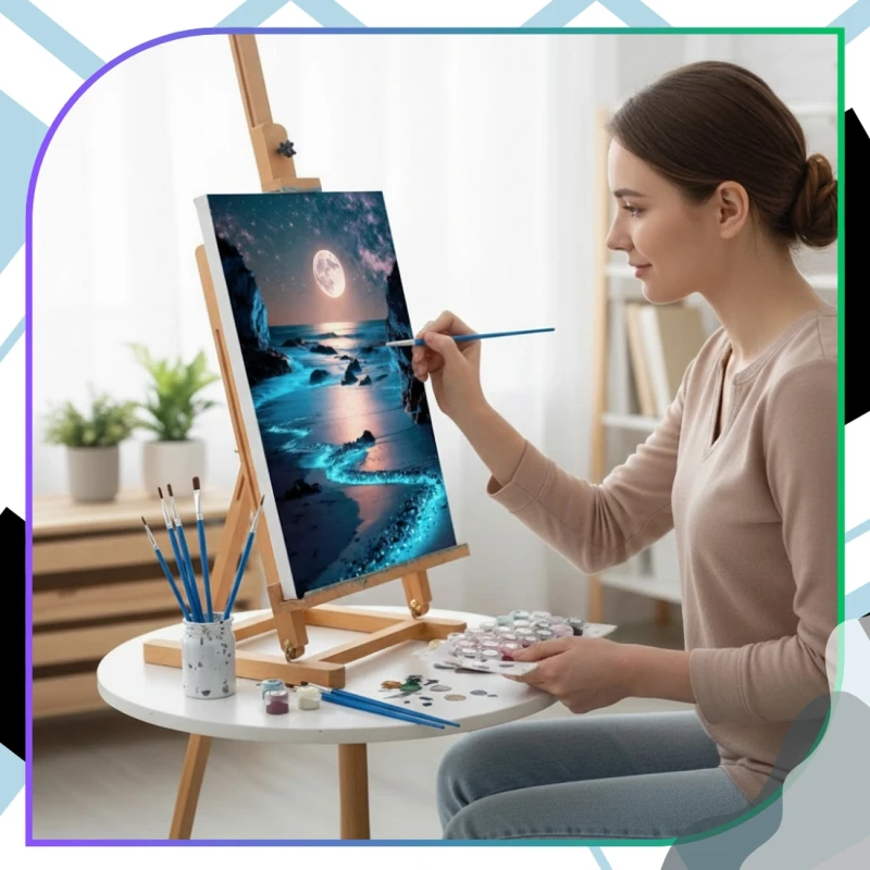 Malowanie po numerach z ramą 40 x 50cm obraz na płótnie Nocny Księżyc Nad Morzem 10.webp