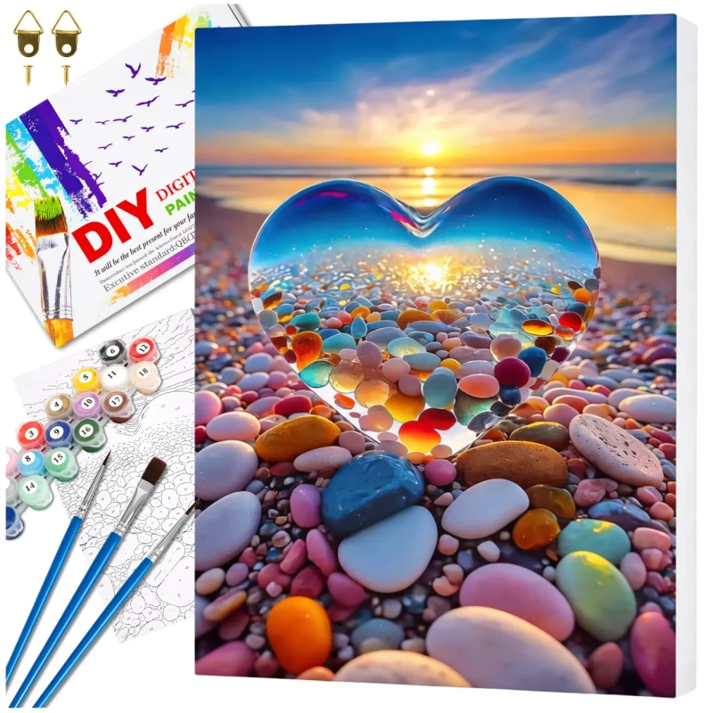 Malowanie po numerach z ramą 40 x 50cm obraz na płótnie Kolorowe Serce na Plaży 1.webp