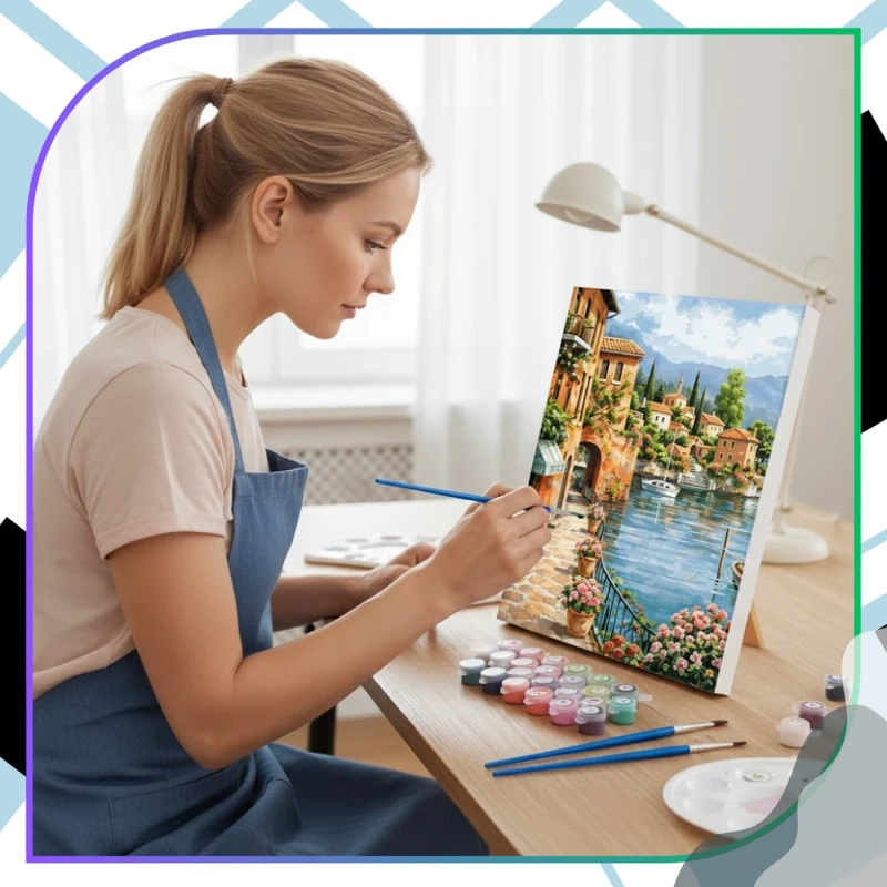 Malowanie po numerach z ramą 40 x 50cm obraz na płótnie Słoneczne Miasteczko nad Jeziorem 10.webp