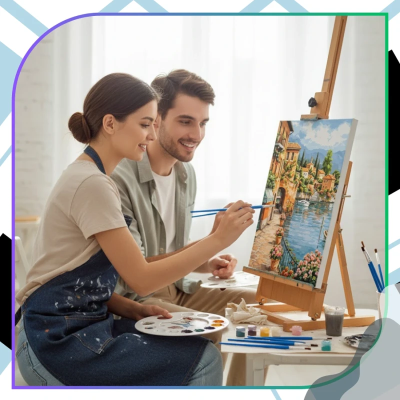 Malowanie po numerach z ramą 40 x 50cm obraz na płótnie Słoneczne Miasteczko nad Jeziorem 13.webp