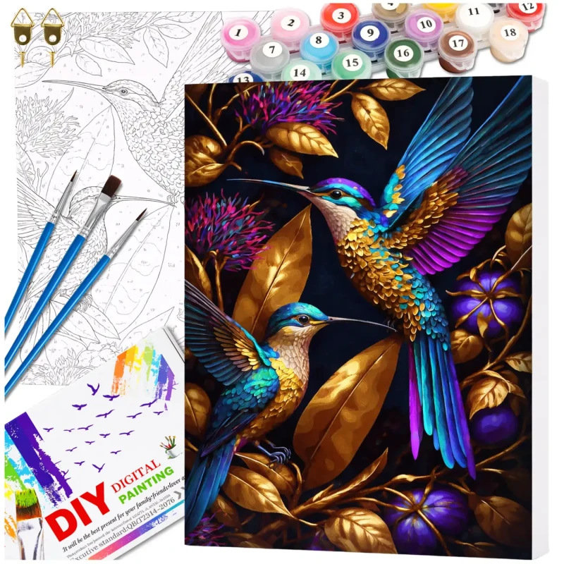 Malowanie po numerach z ramą 40 x 50cm obraz na płótnie Kolorowe Kolibry na Złotych Liściach 2.webp