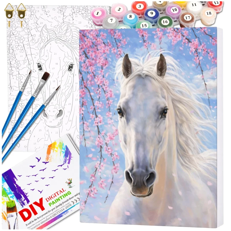 Malowanie po numerach z ramą 40 x 50cm obraz na płótnie Biały Koń w Kwiatach 5.webp