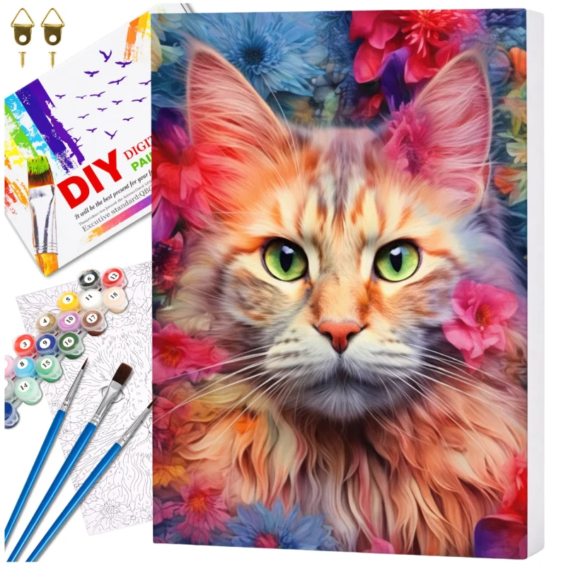 Malowanie po numerach z ramą 40 x 50cm obraz na płótnie Kolorowy Kot w Kwiatach 1.webp