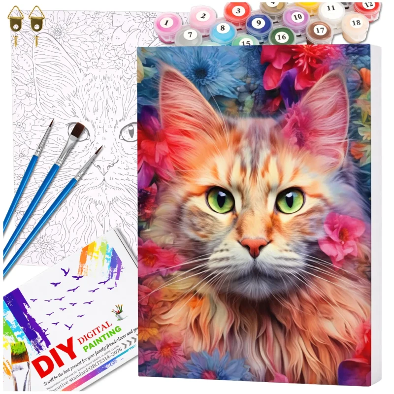 Malowanie po numerach z ramą 40 x 50cm obraz na płótnie Kolorowy Kot w Kwiatach 2.webp
