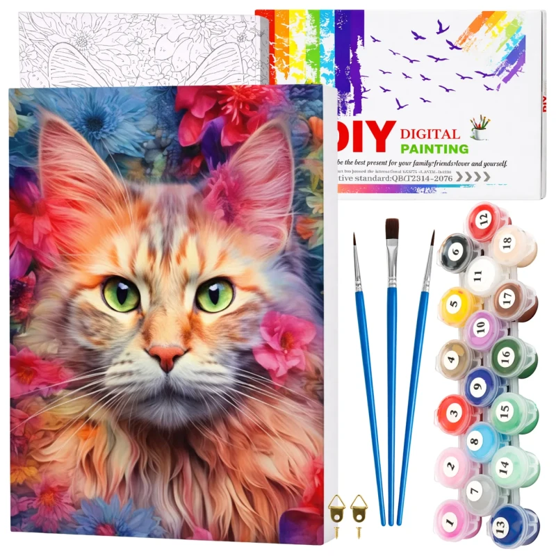 Malowanie po numerach z ramą 40 x 50cm obraz na płótnie Kolorowy Kot w Kwiatach 5.webp
