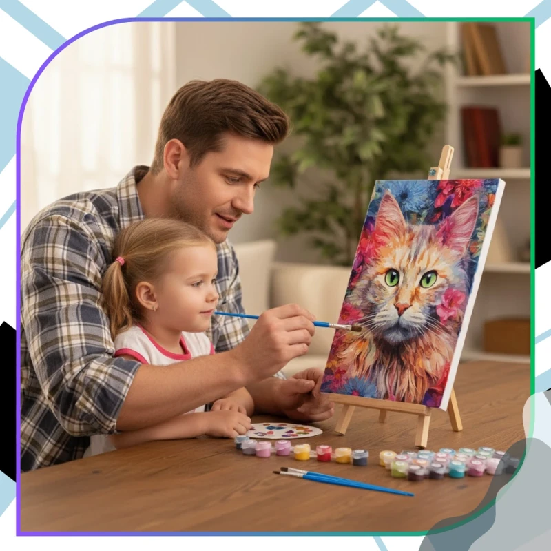 Malowanie po numerach z ramą 40 x 50cm obraz na płótnie Kolorowy Kot w Kwiatach 11.webp