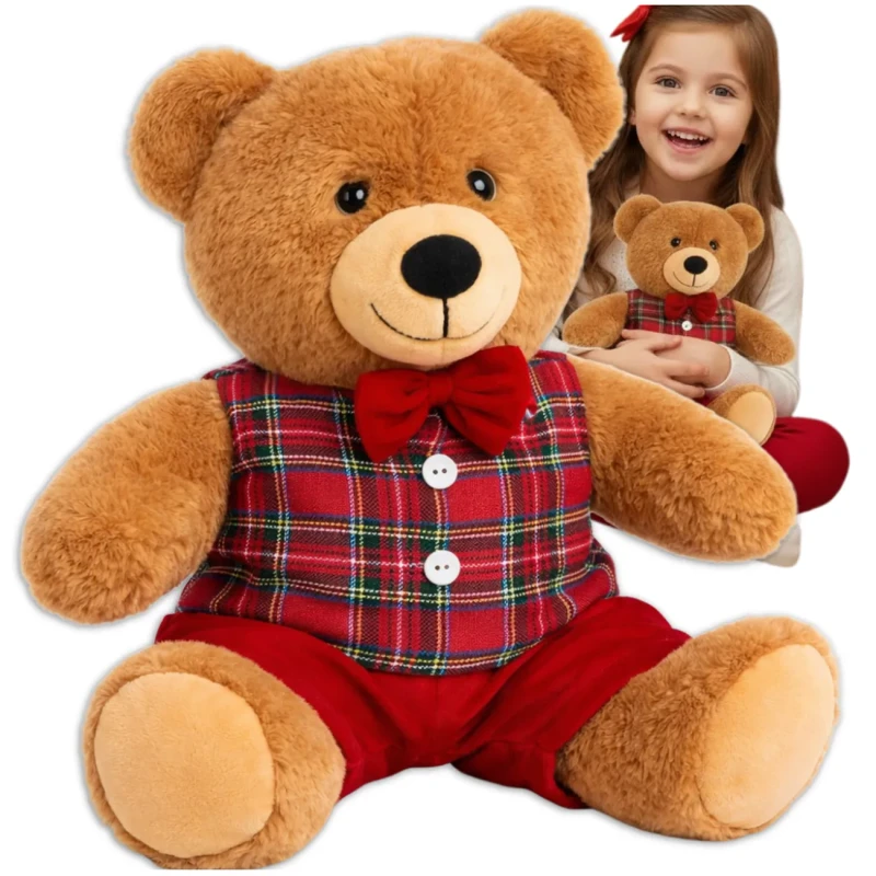 Miś pluszowy maskotka przytulanka prezent miś w ubranku kratka czerwona 30 cm3.webp