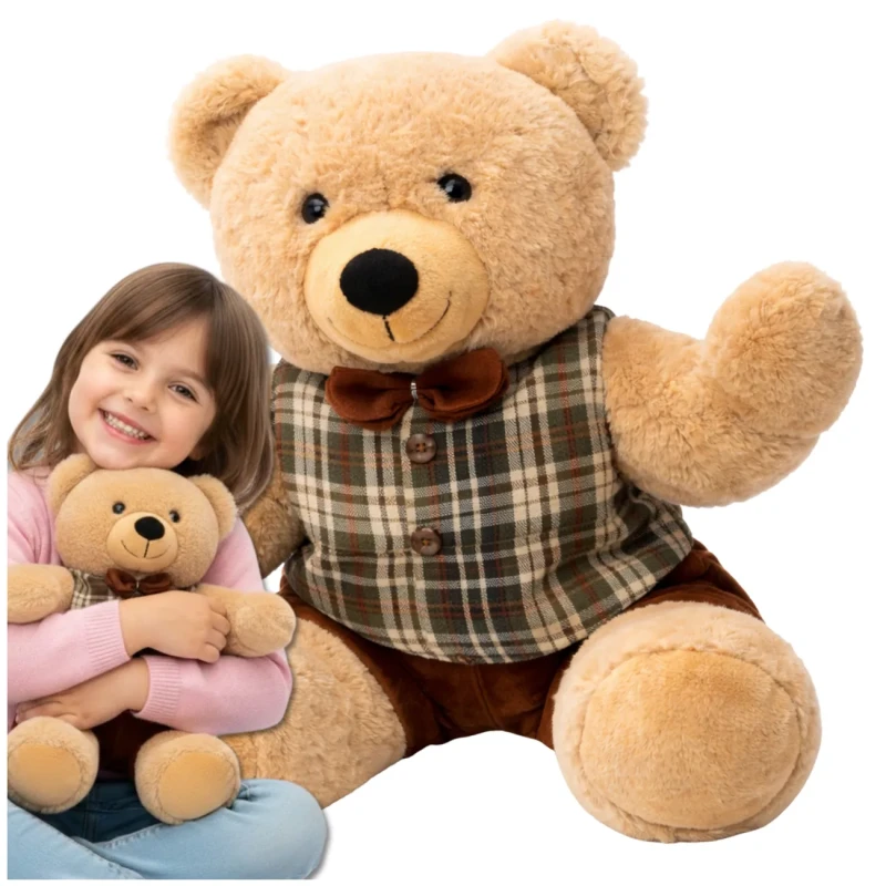 Miś pluszowy maskotka przytulanka prezent miś w ubranku kratka brązowa 30 cm1.webp