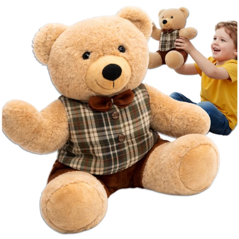 Miś pluszowy maskotka przytulanka prezent miś w ubranku kratka brązowa 30 cm2.webp
