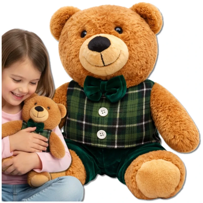 Miś pluszowy maskotka przytulanka prezent miś w ubranku kratka zielona 30 cm1.webp