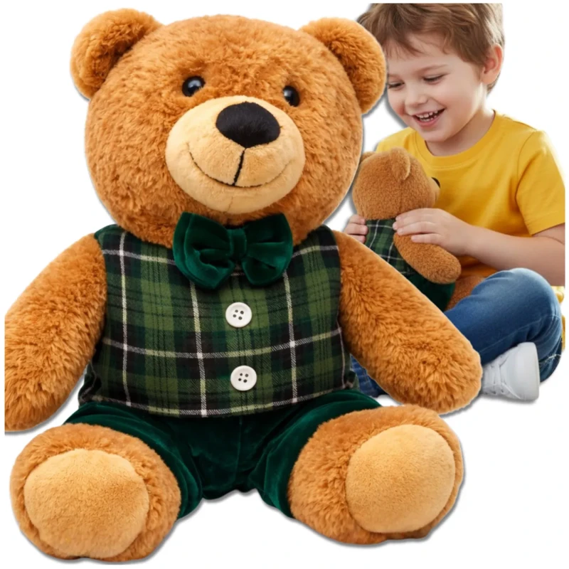 Miś pluszowy maskotka przytulanka prezent miś w ubranku kratka zielona 30 cm2.webp