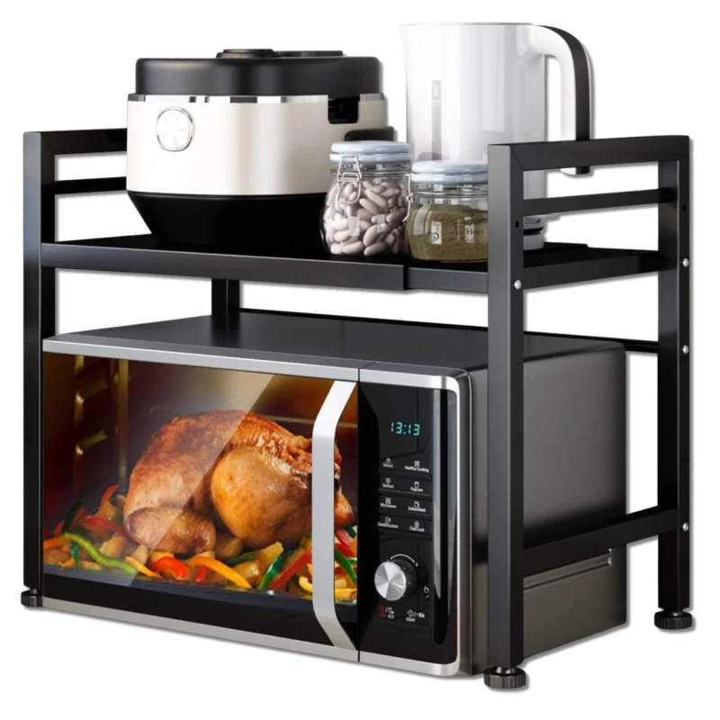 Półka stojak regał kuchenny dwupoziomowy metalowy na mikrofalówkę rozsuwany 40-60cm czarny 1.webp