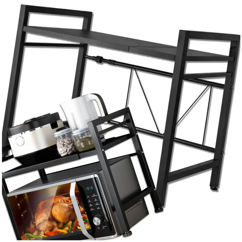 Półka stojak regał kuchenny dwupoziomowy metalowy na mikrofalówkę rozsuwany 40-60cm czarny 2.webp