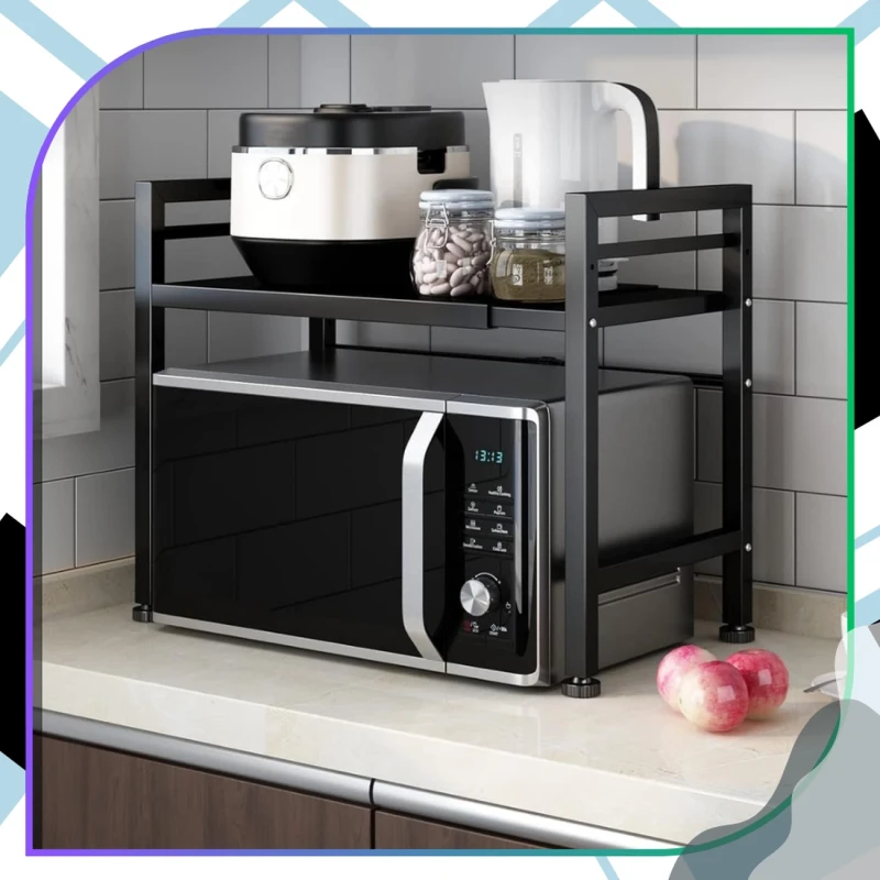 Półka stojak regał kuchenny dwupoziomowy metalowy na mikrofalówkę rozsuwany 40-60cm czarny 6.webp
