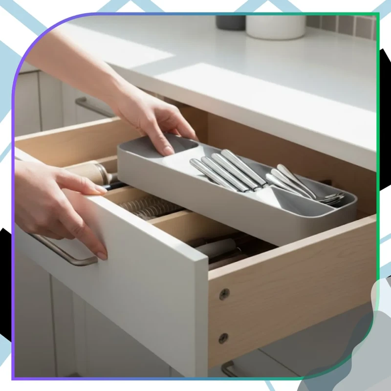 Organizer do szuflady kuchennej na sztućce wkład szary 40 cm7.webp