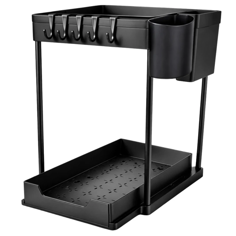 Organizer pod zlew dwupoziomowy wysuwana półka kuchenna łazienkowa czarny 4.webp