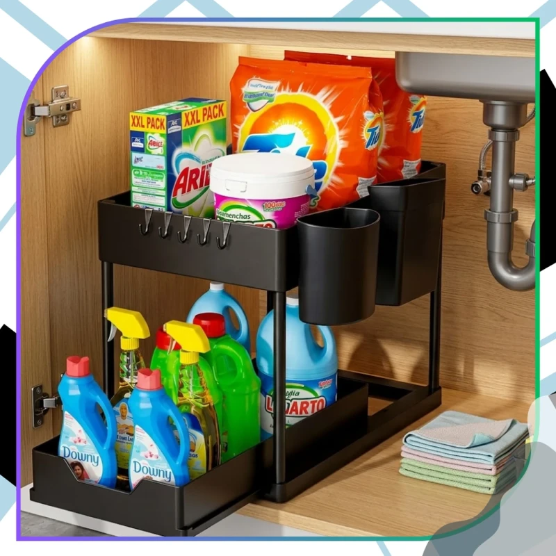Organizer pod zlew dwupoziomowy wysuwana półka kuchenna łazienkowa czarny 8.webp