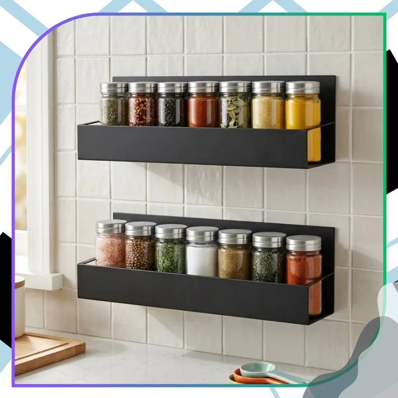 Magnetyczny organizer kuchenny na lodówkę zestaw 2 półek metal czarny7.webp